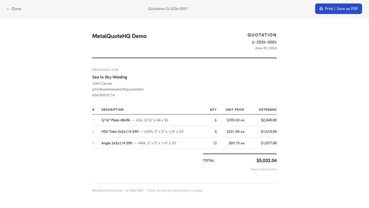 Finished customer quotation generated by MetalQuoteHQ