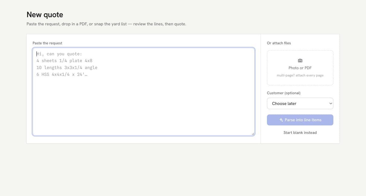 MetalQuoteHQ new quote screen for pasting an RFQ or attaching a photo or PDF